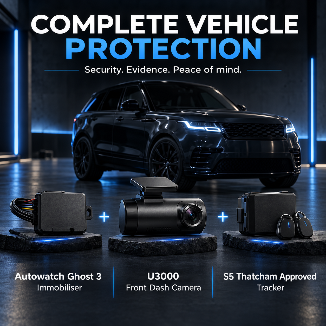 Complete vehicle protection package with Autowatch Ghost III immobiliser, Thinkware U3000 front 4K dash camera and Thatcham S5 GPS tracker – Ghost 3 S5 U3000 Package